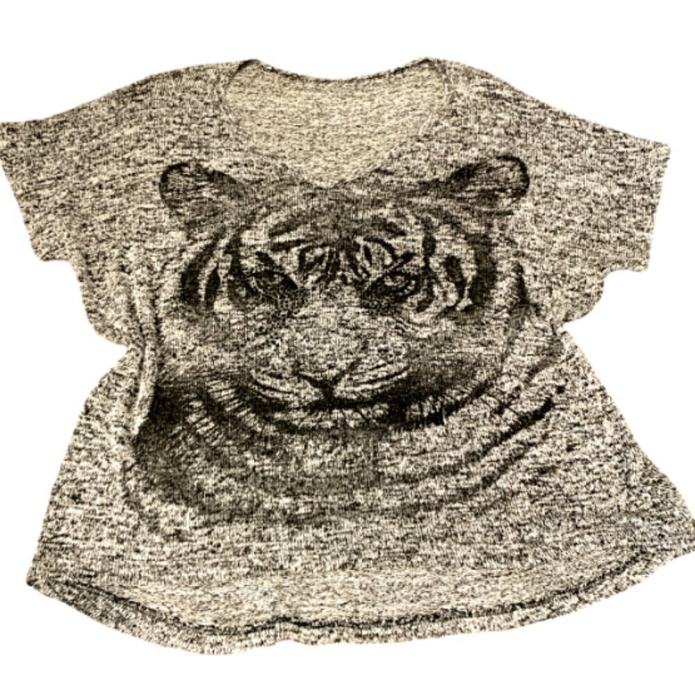Boxy Stretch‎ Knit V-Neck Graphic Tee Top Tiger Beaded One Size 38G